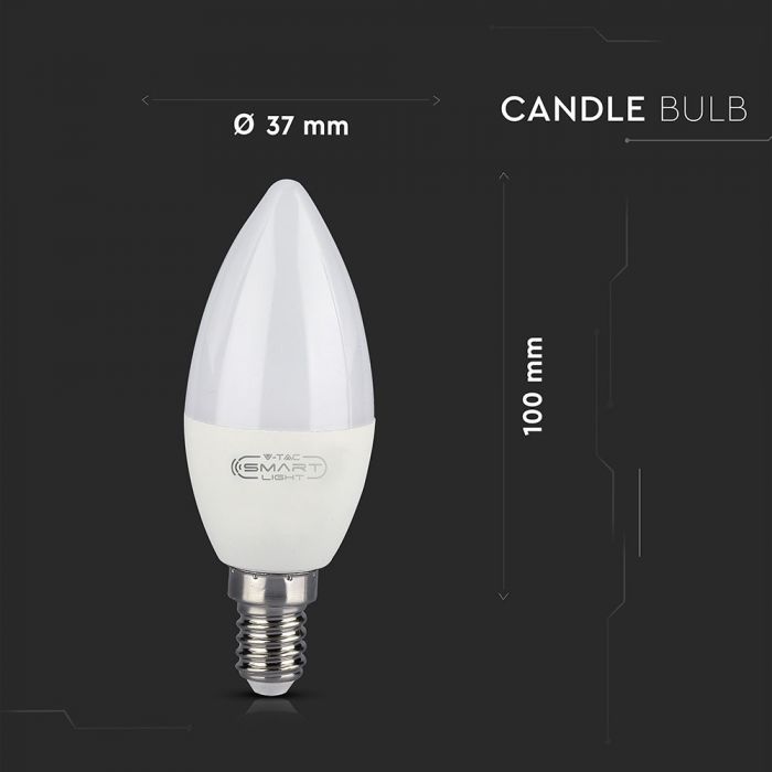 E14 4,5W (300Lm) LED SMART-lampa, ljusform, V-TAC, kompatibel med Amazon Alexa- och Google Home-appar, RGB+WWW+CW