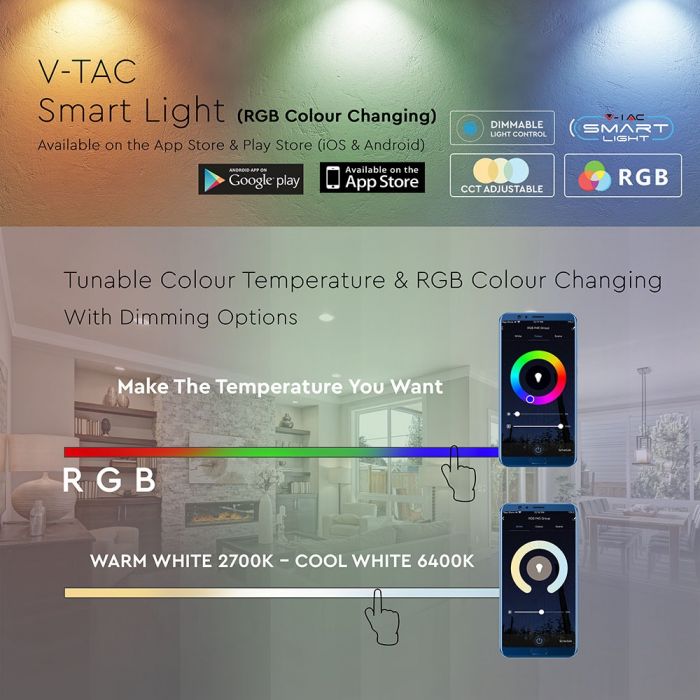 E14 4.5W(300Lm) LED SMART Spuldze, sveces forma, V-TAC, saderīga ar Amazon Alexa un Google Home aplikācijām, RGB+WW+CW