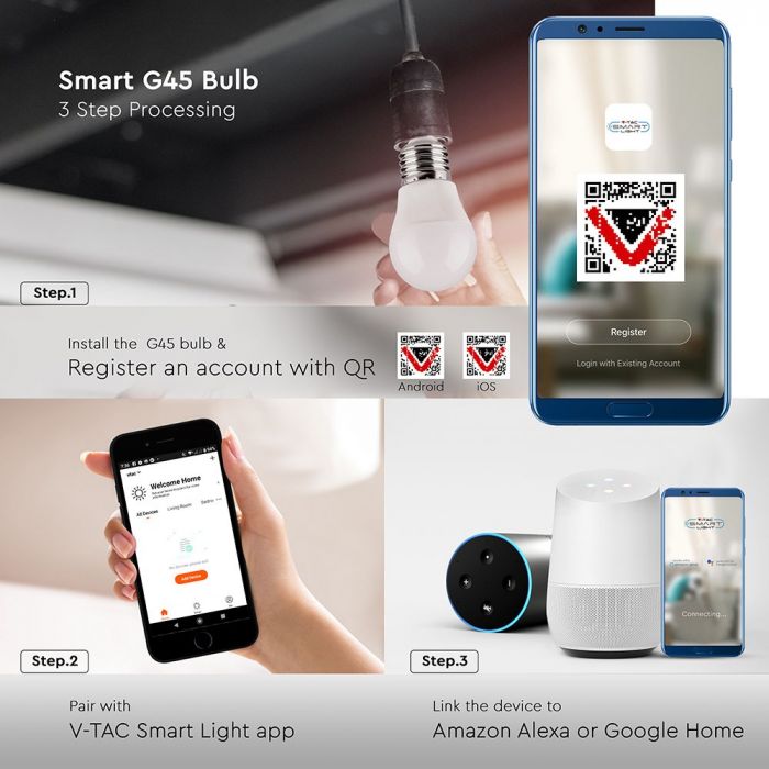 E27 4,5W (300Lm) LED SMART Bulb G45, V-TAC, kompatibel med Amazon Alexa och Google Home-appar, RGB+WWW+CW