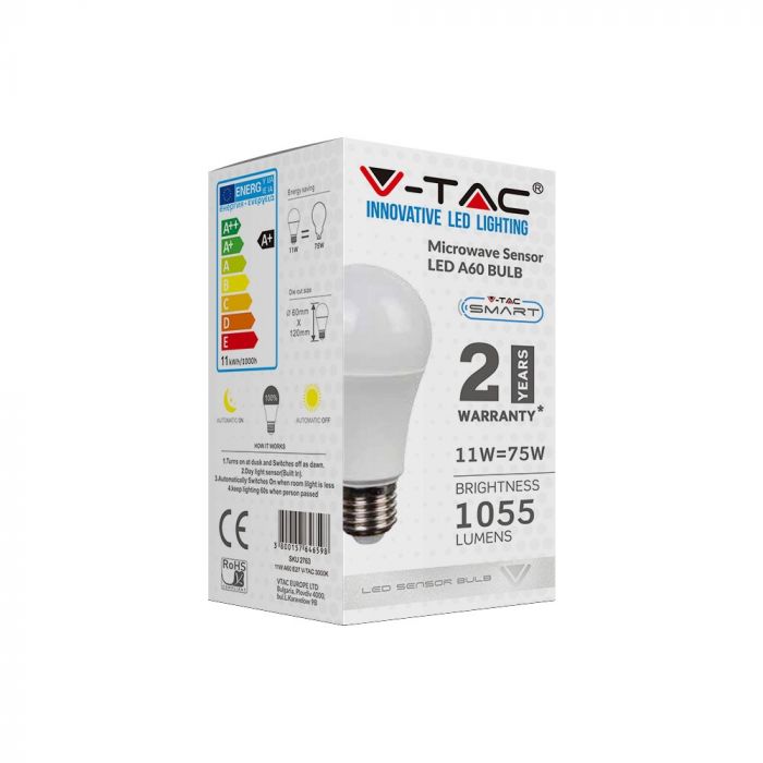 E27 11W(1055Lm) LED Spuldze ar mikroviļņu sensoru, A60 RA80, IP20, V-TAC, silti balta gaisma 3000K