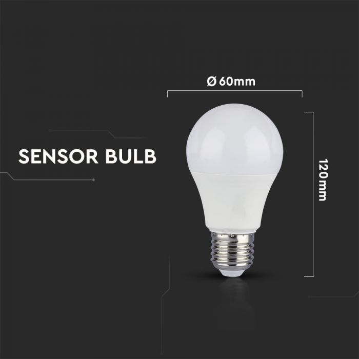 E27 11W(1055Lm) LED Spuldze ar mikroviļņu sensoru, A60 RA80, IP20, V-TAC, silti balta gaisma 3000K