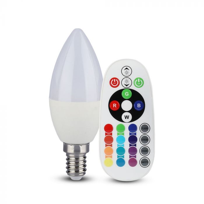 E14 3,5W (320Lm) LED SMART Glödlampa med fjärrkontroll, RF-frekvens, ljusform, dimbar, A80, IP20, V-TAC, RGB+Kallvit 6400K