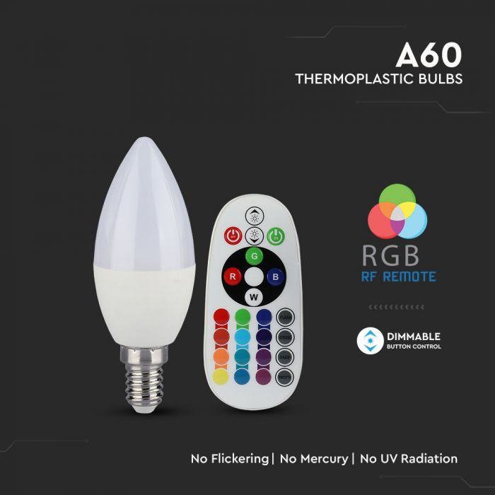 E14 3.5W(320Lm) LED SMART Bulb с пультом дистанционного управления, RF частота, форма свечи, диммируемая, A80, IP20, V-TAC, RGB+холодный белый 6400K