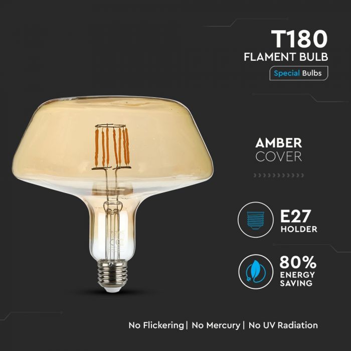 E27 8W(620Lm) LED Filament Amber Glass bulb, T180, IP20, V-TAC, теплый белый 1800K