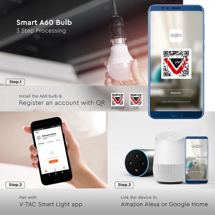B22 10W (806Lm) LED SMART Bulb, 3in1, A60, V-TAC, kompatibel med Amazon Alexa- och Google Home-appar, RGB+WWW+CW