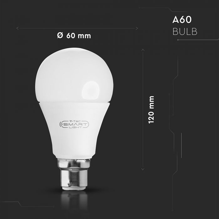 B22 10W(806Lm) LED SMART Spuldze, 3in1, A60, V-TAC, saderīga ar Amazon Alexa un Google Home aplikācijām, RGB+WW+CW