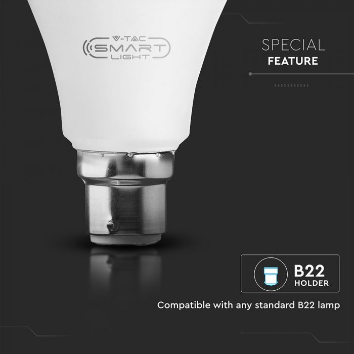 B22 10W (806Lm) LED SMART Bulb, 3in1, A60, V-TAC, kompatibel med Amazon Alexa- och Google Home-appar, RGB+WWW+CW