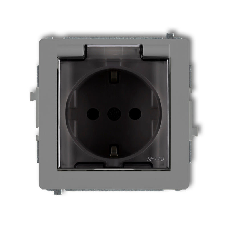 1-poolne kaitsega pistikupesa DECO koos maandusega. SCHUKO 2P+Z (läbipaistev kate), z/a, IP44, hall