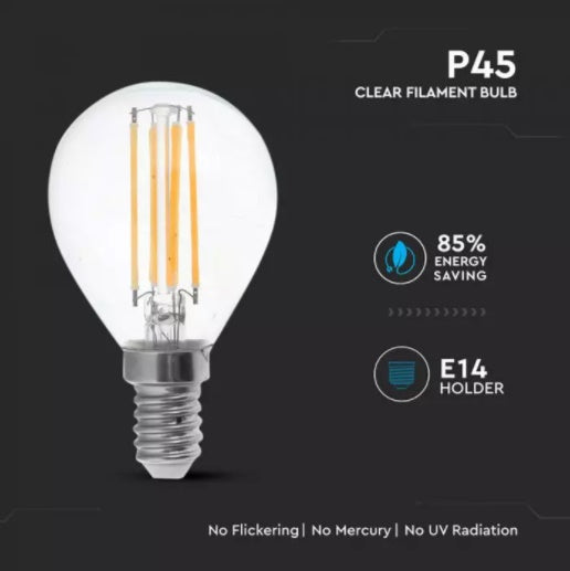 E14 6W(600Lm) LED Filament Spuldze, P45, IP20, V-TAC, auksti balta krāsa 6400K