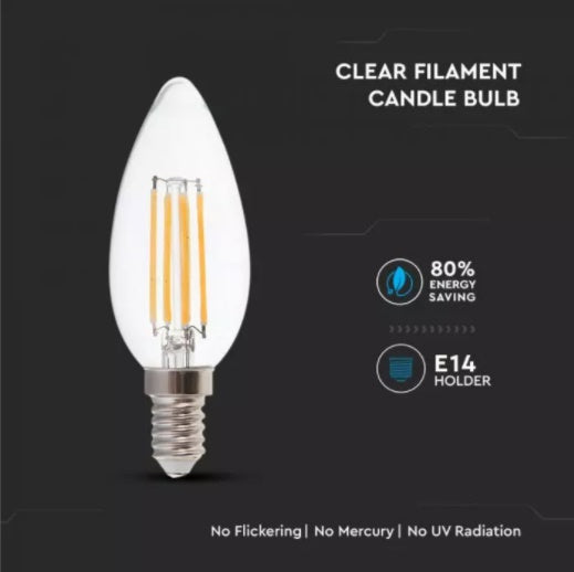 E14 6W(800Lm) LED Filament Candle spuldze, IP20, V-TAC, silti balta gaisma 2700K