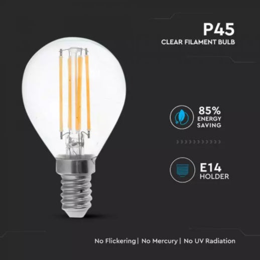 E14 6W(800Lm) LED Filament spuldze, P45, IP20, V-TAC, silti balta gaisma 2700K