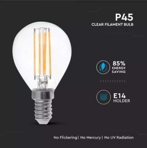 E14 6W(800Lm) LED Filament spuldze, P45, IP20, V-TAC, neitrāli balta gaisma 4000K