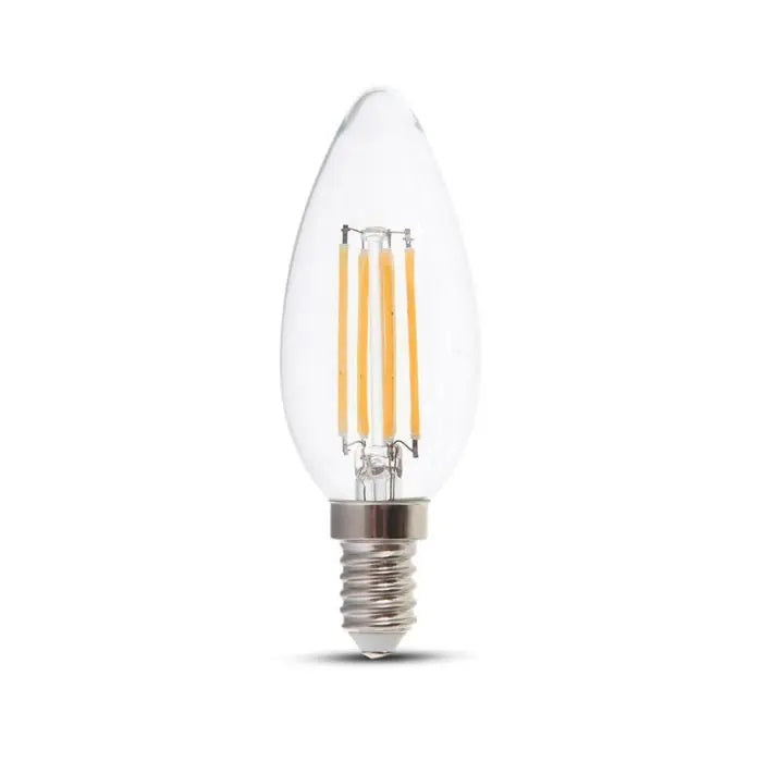 E14 4W(400Lm) LED Filament Spuldze, sveces forma, stikls, IP20, silti balta gaisma 3000K