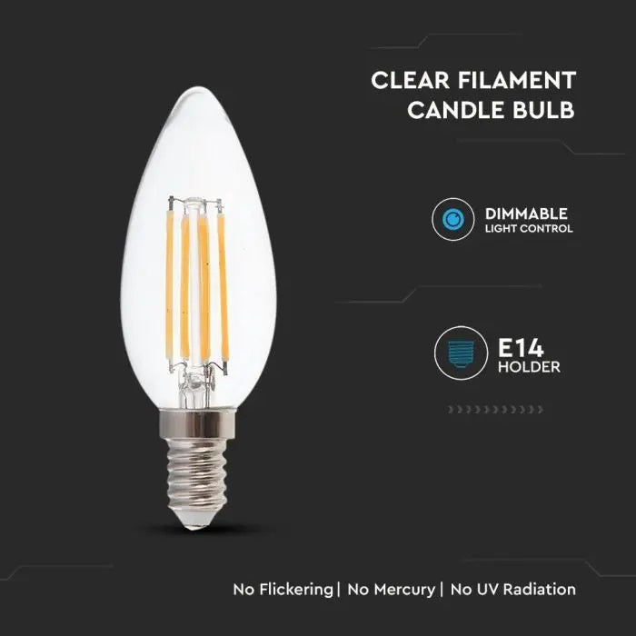E14 4W(400Lm) LED Filament Bulb, candle shape, glass, IP20, warm white light 3000K