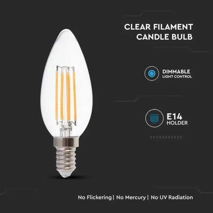 E14 4W(400Lm) LED Filament Spuldze, sveces forma, stikls, IP20, silti balta gaisma 3000K