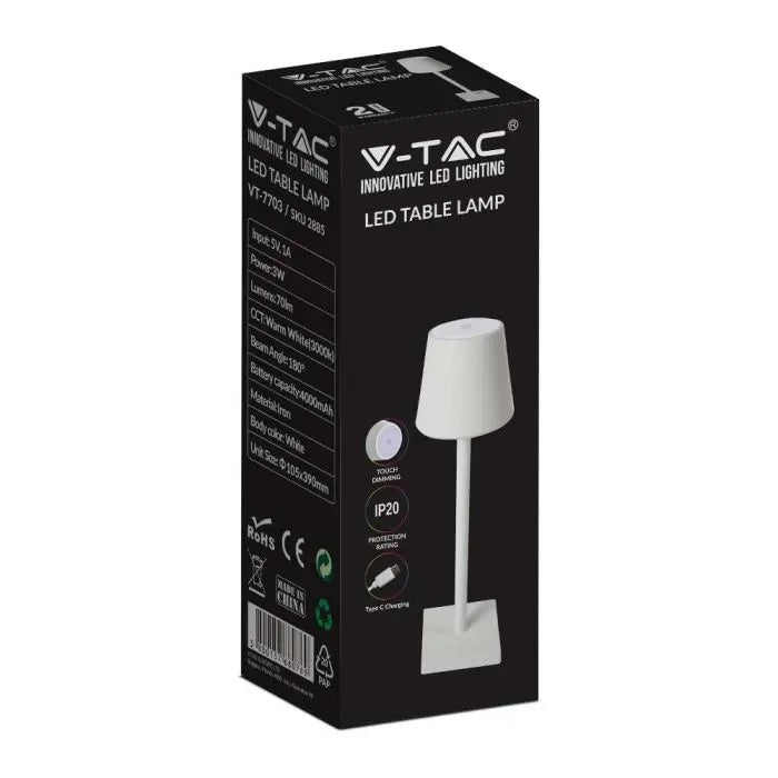 3W(50Lm) LED-bordslampa, V-TAC, IP20, vit, dimbar, metall, varmvitt ljus 3000K
