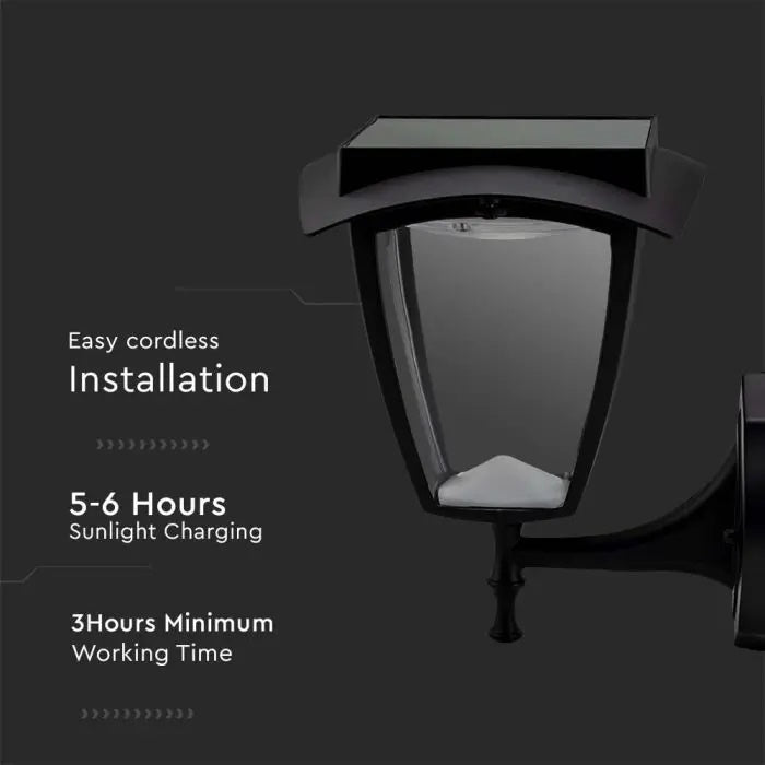 2W(110Lm) 24 LED solārā Fasādes laterna, IP65, melna matēta, 3000K-6000K, V-TAC