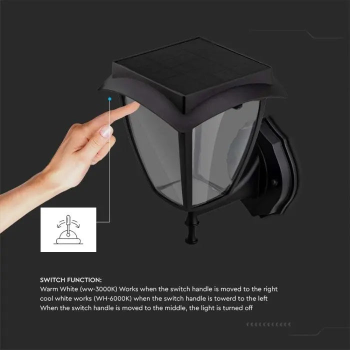 2W(110Lm) 24 LED solārā Fasādes laterna, IP65, melna matēta, 3000K-6000K, V-TAC