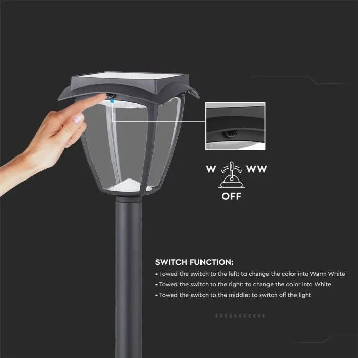 2W(110Lm) LED solcellsdriven trädgårdslykta, IP65, mattsvart, V-TAC, 3000K+6000K