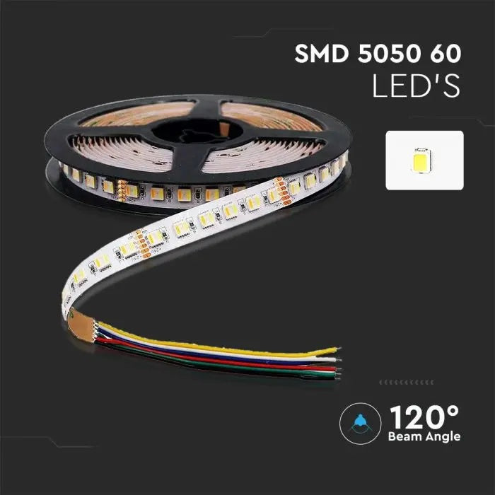 Hind 5m_24W/m(1680Lm/m) 1A/m 60 LED lint, V-TAC, IP65, 24V, RGB 3IN1