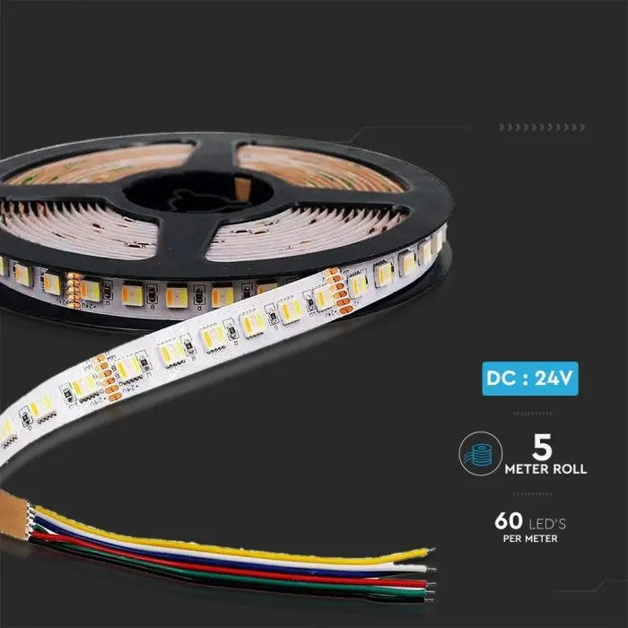 Hind 5m_24W/m(1680Lm/m) 1A/m 60 LED lint, V-TAC, IP65, 24V, RGB 3IN1