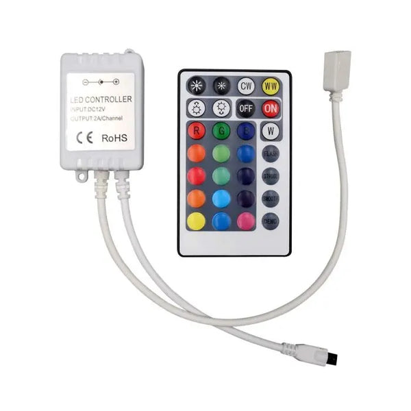 LED RGB lentes kontrolieris, 28 pogas, IR, ar tālvadības pulti, DC:12/24V, 10A, V-TAC