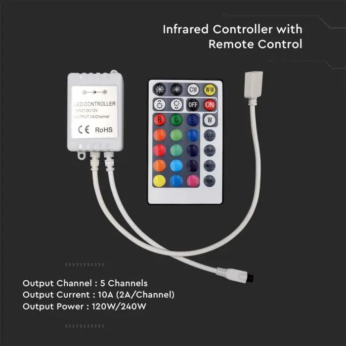 LED RGB strip controller, 28 buttons, IR, with remote control, DC:12/24V, 10A, V-TAC