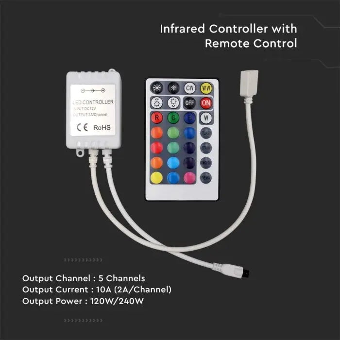 LED RGB ribakontroller, 28 nuppu, IR, puldiga, DC:12/24V, 10A, V-TAC