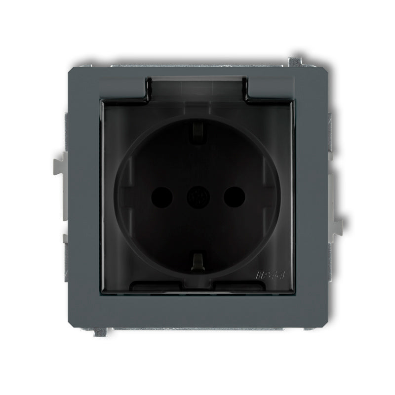 1-viet. kontaktligzdas meh. ar aizsardz. pret šļakatām DECO ar zemējumu SCHUKO 2P+Z (causpīdīgs pārsegs), z/a, IP44, grafīts matēts