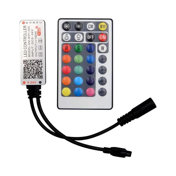 LED lentu kontrolieris, WIFI, ar tālvadības pulti, 3in1+RGB, 28 pogas, <10A, DC:12/24V, 59.2x24x10mm, V-TAC