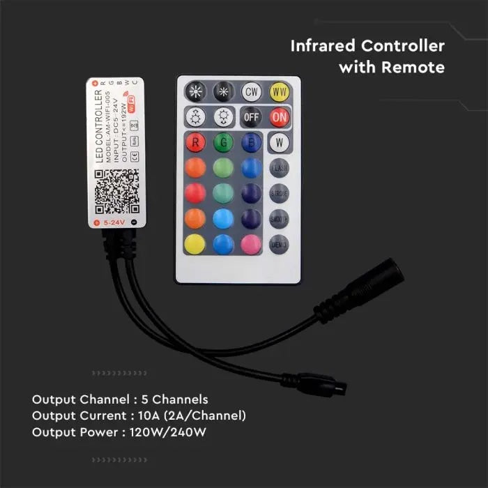 LED Tape Controller, WIFI, med fjärrkontroll, 3in1+RGB, 28 knappar, <10A, DC:12/24V, 59.2x24x10mm, V-TAC