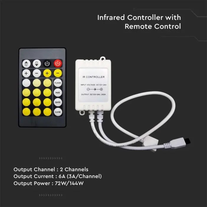 LED strip controller, IR, with remote control, CCT 3in1, 24 buttons, 6A, DC:12/24V, V-TAC