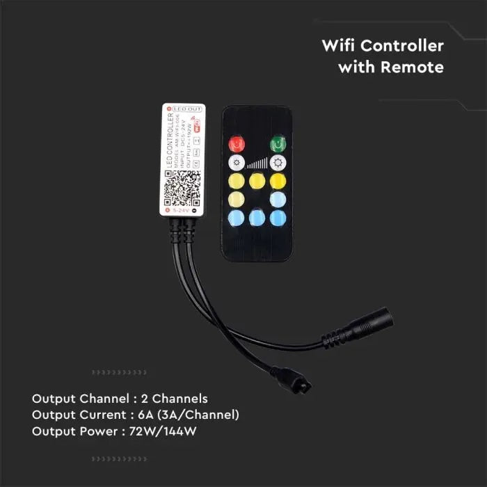 LED strip controller, WIFI, with remote control, CCT 3in1, 24 buttons, 6A, DC:12/24V, 59.2x24x10mm, V-TAC