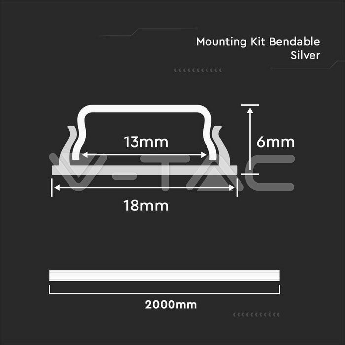 2000x18x6mm LED strip mounting kit with diffuser silver housing, flexible, IP20