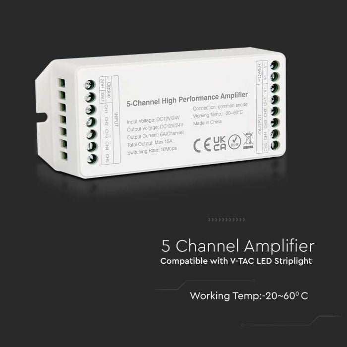 5-канальный усилитель, DC:12-24V, Max 15A, белый, V-TAC