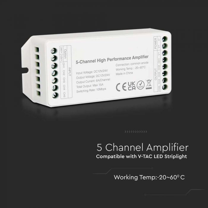 5-channel amplifier, DC:12-24V, Max 15A, white, V-TAC