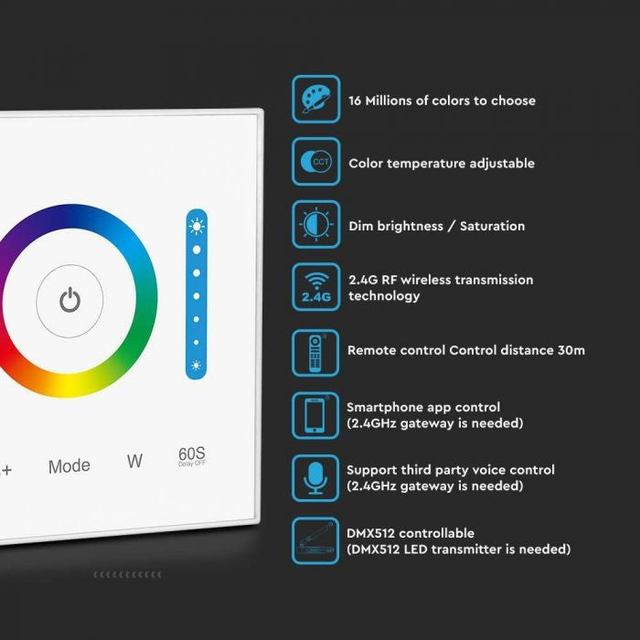 LED RGB/RGBW/RGB+CCT kontroller, valge, 86x86mm, Max 10A, V-TAC