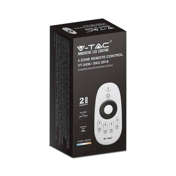 4 zonu tālvadības pults, 53x21x110.5mm, 3V(2xAAA Battery), balta, V-TAC