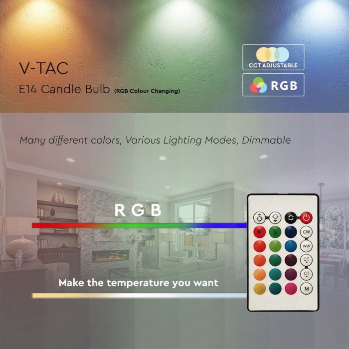 Светодиодная лампа E14 4,8 Вт (470 лм), форма свечи, SMART, V-TAC, пульт ДУ, диммируемая, RGB+нейтральный белый 4000K