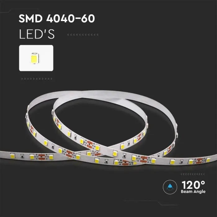 Cena par 1m_8W/m(800Lm/m) 0.66A/m 60 LED Lente, V-TAC, ūdensnedroša IP20, 12V, silti balta gaisma 3000K