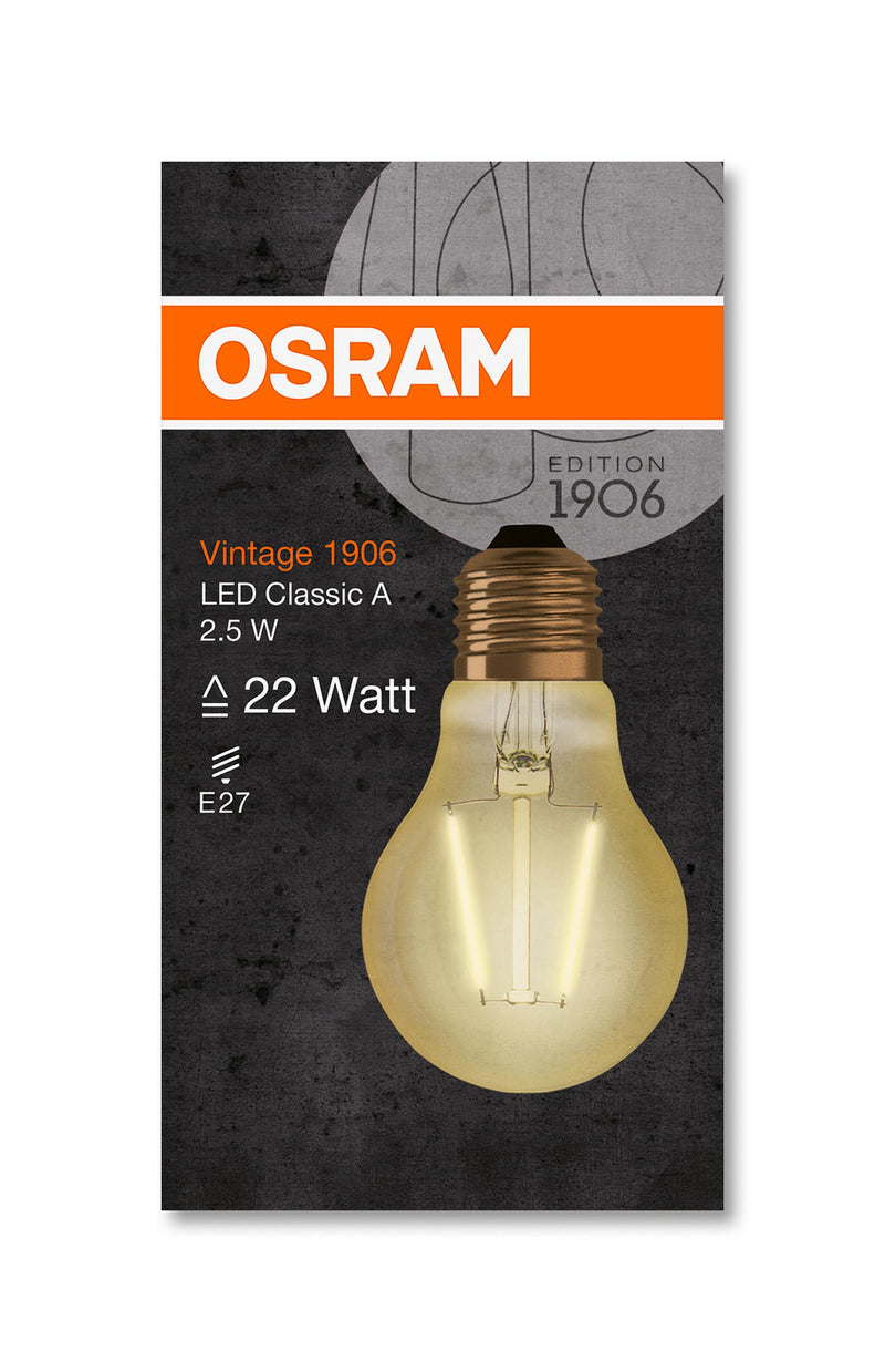 E27 2.5W(220Lm) LED OSRAM Spuldze, A60, garantija 3 gadi, Vintage 1906, silta gaisma 2400K