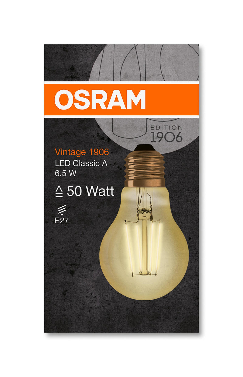 E27 6.5W(725Lm) LED OSRAM spuldze Filament VINTAGE 1906, IP20, silti balta gaisma 2400K