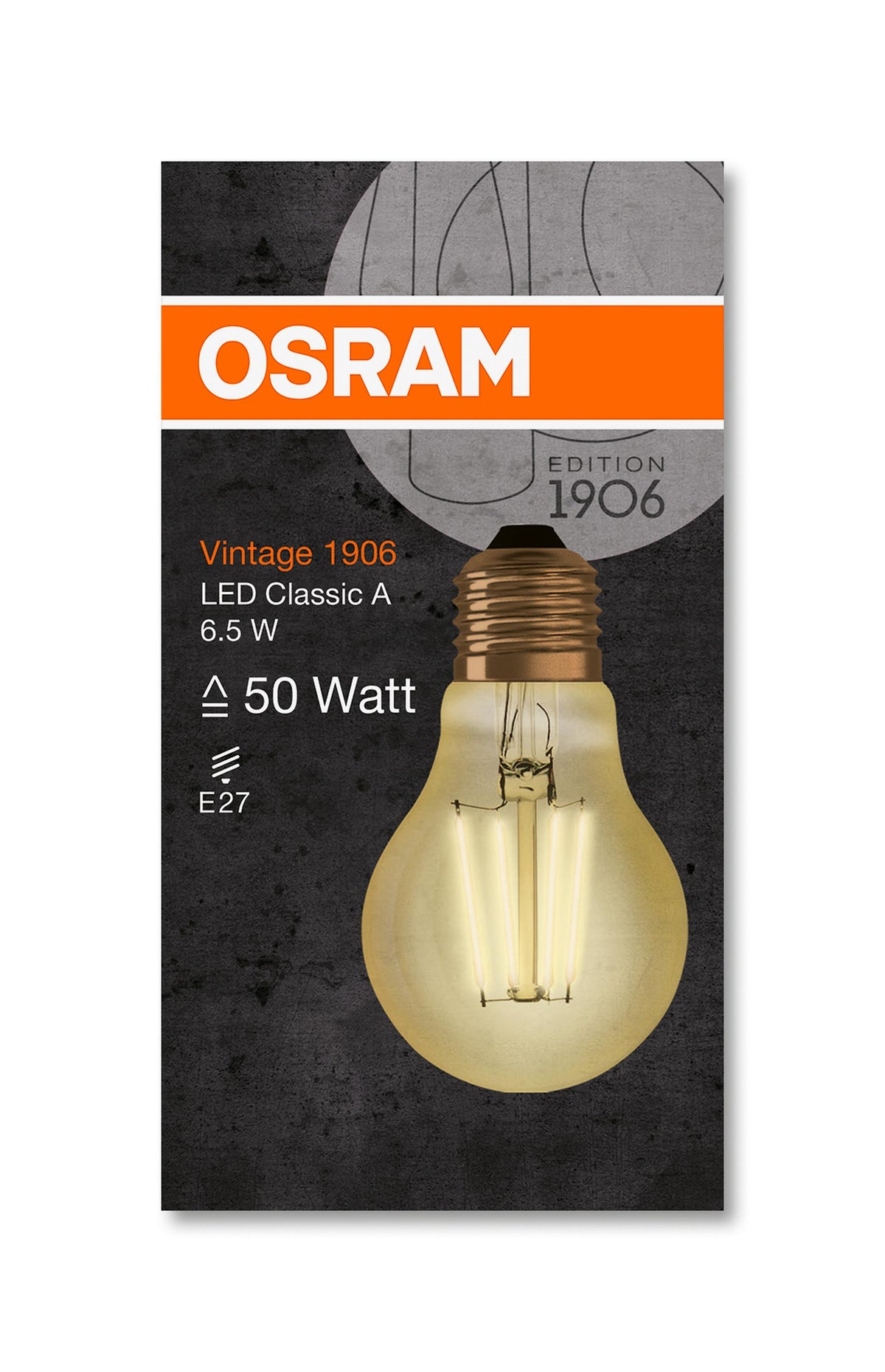 E27 6.5W(650Lm) LED OSRAM spuldze Filament VINTAGE 1906, IP20, silti balta gaisma 2400K