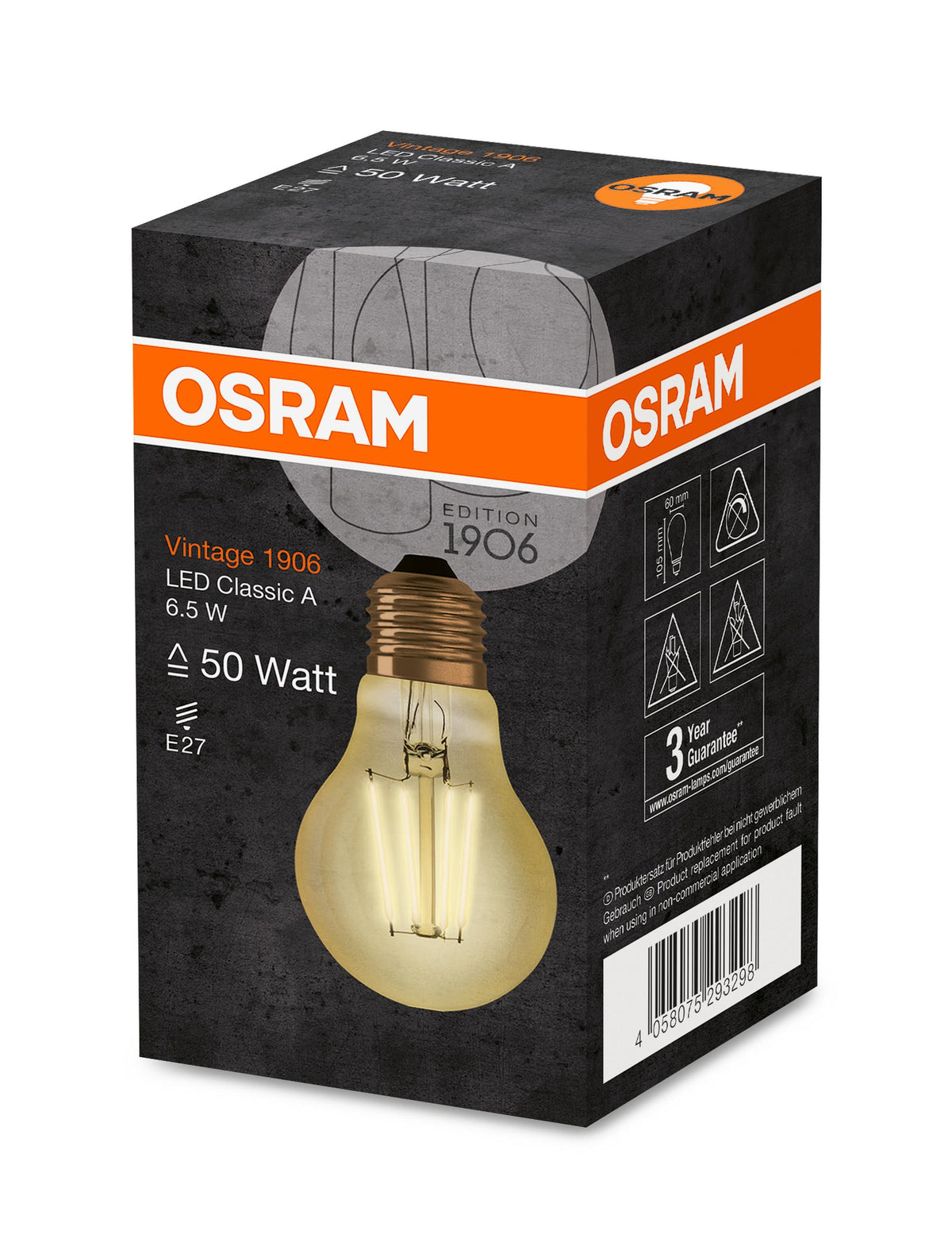E27 6.5W(650Lm) LED OSRAM spuldze Filament VINTAGE 1906, IP20, silti balta gaisma 2400K