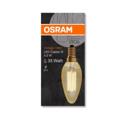 E14 4W(410Lm) OSRAM LED filament VINTAGE 1906, IP20, silti balta gaisma 2400K