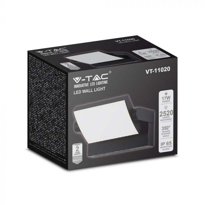 17W(2520Lm) LED sienas gaismeklis, V-TAC, IP65, melns, silti balta gaisma 3000K