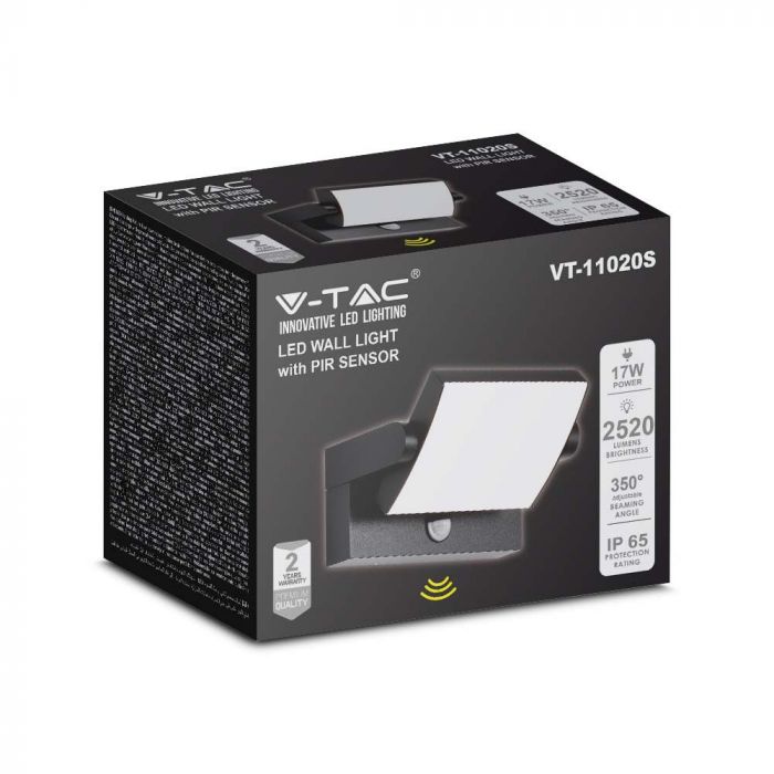 17W(2580Lm) LED Fasādes gaismeklis ar PIR kustību sensoru, V-TAC, melns, kvadrāta, IP65, neitrāli balta gaisma 4000K