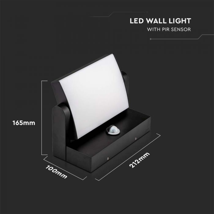 17W(2580Lm) LED Fasādes gaismeklis ar PIR kustību sensoru, V-TAC, melns, kvadrāta, IP65, neitrāli balta gaisma 4000K