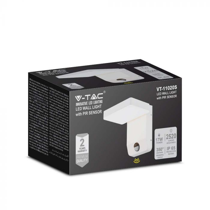 17W(2520Lm) LED Facade light with PIR motion sensor, V-TAC, white, square, IP65, warm white light 3000K