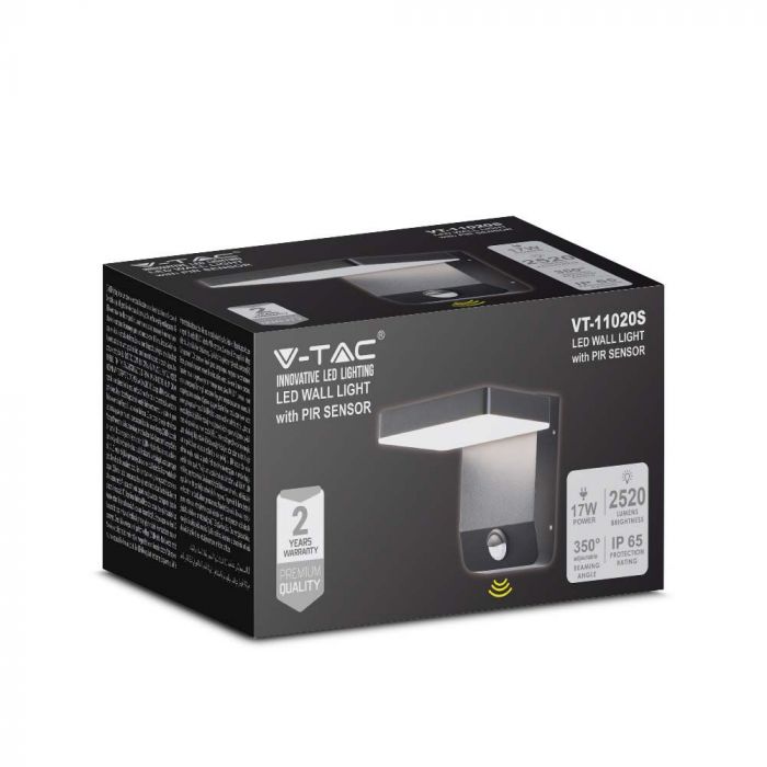 17W(2520Lm) LED Facade light with PIR motion sensor, V-TAC, black, square, IP65, warm white light 3000K